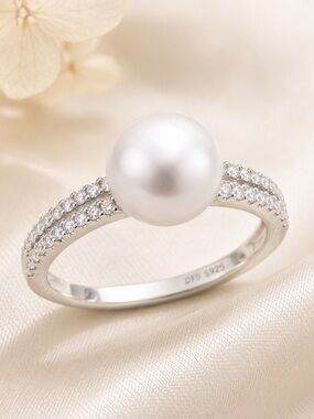 White Freshwater Pearl & Simulated Diamond Ring Rhodium Over Sterling Silver